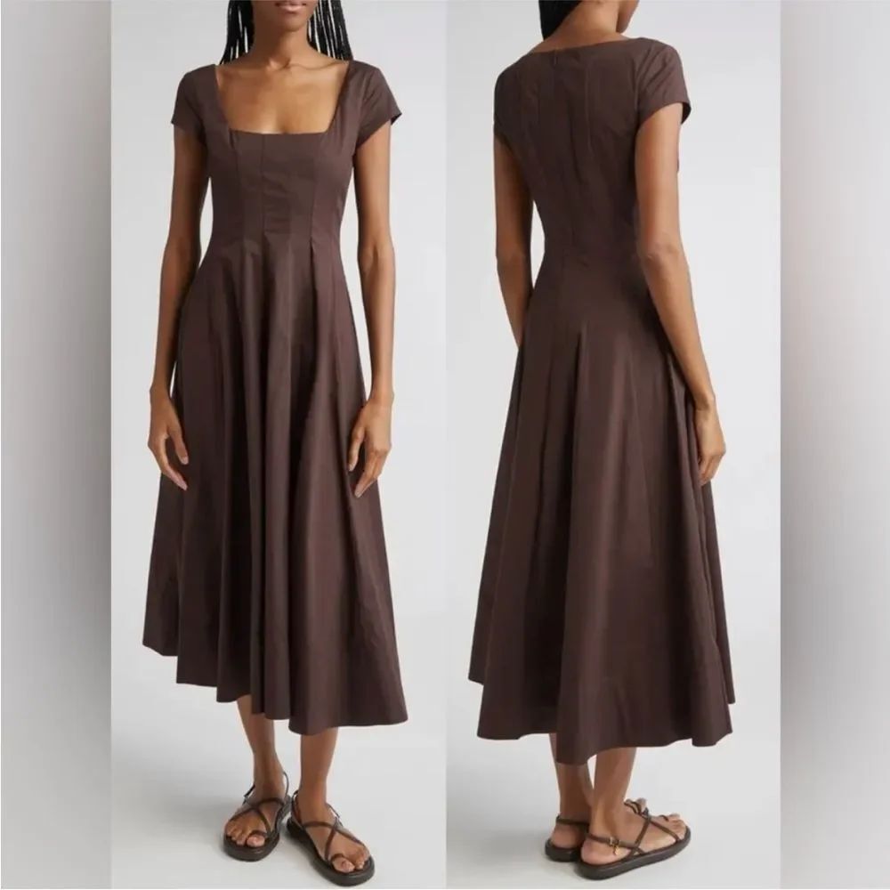 STAUD Wells Stretch Cotton Cap Sleeve earth Brown Midi Dress sz 2